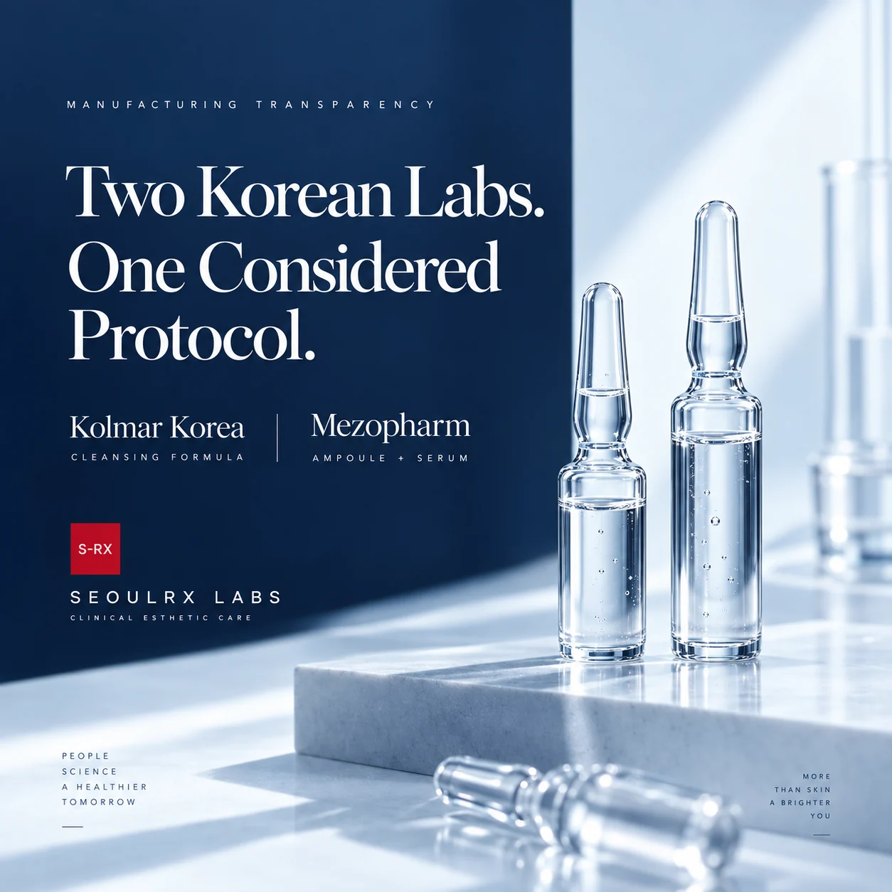 SeoulRx Labs manufacturing transparency editorial featuring clinical ampoules