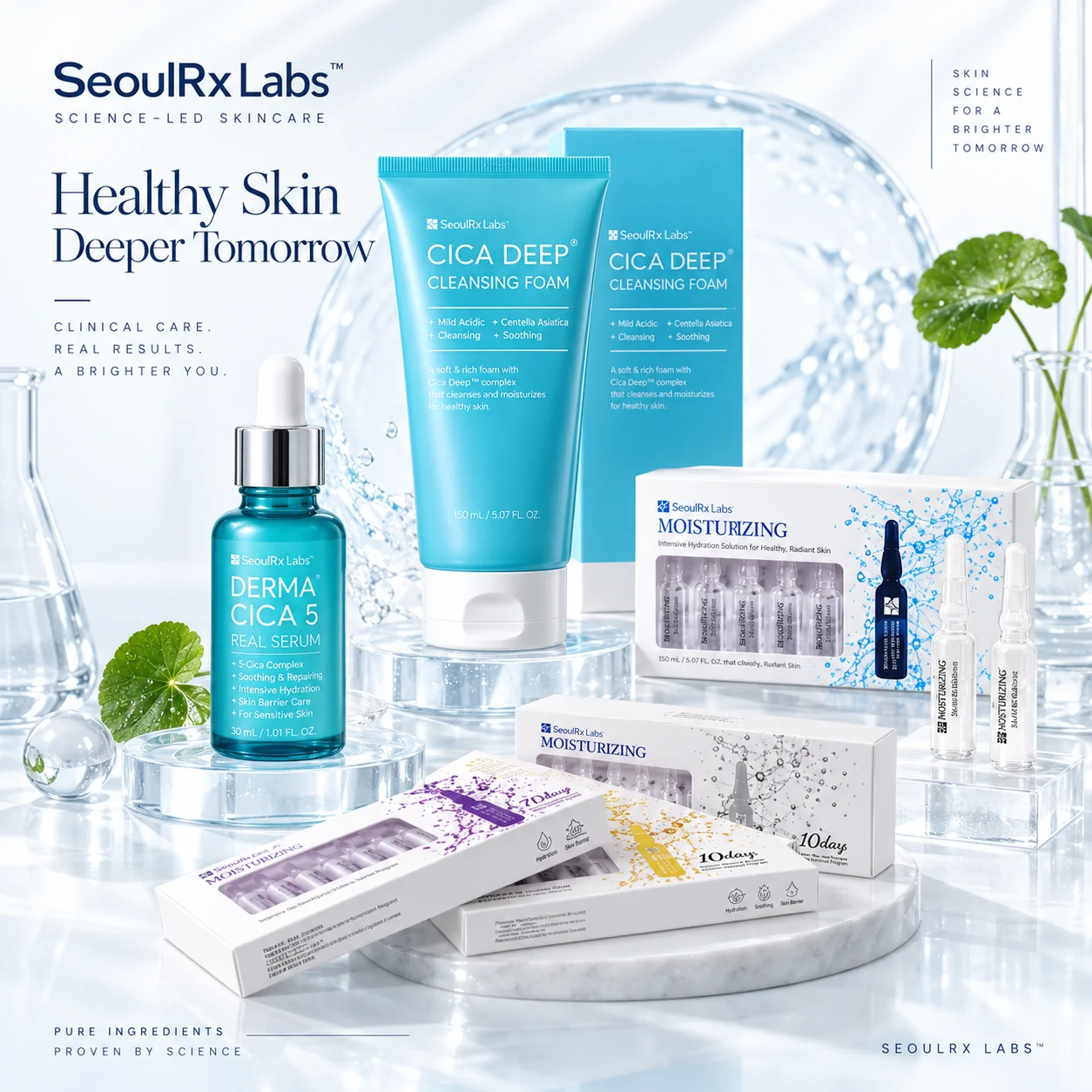 SeoulRx Labs three-stage skincare collection in a clinical-inspired setting